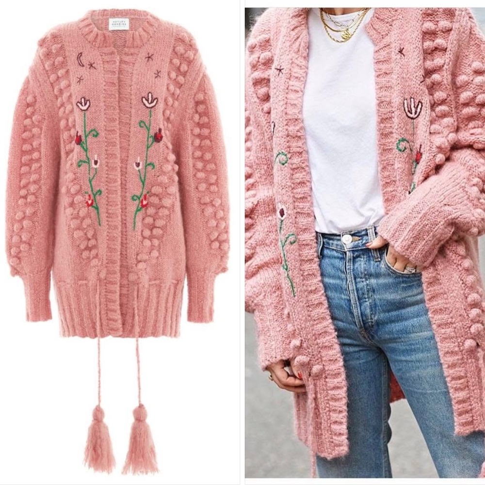 $650 Hayley Menzies Gloria Rose Mohair Midi Cardigan Pink Embroidered Small - Picture 3 of 9